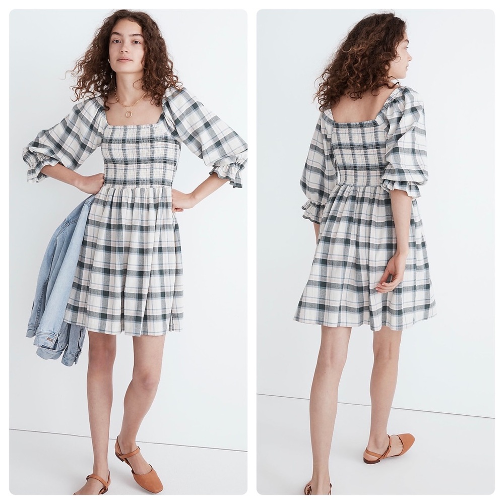 Madewell Lucie Elbow-Sleeve Smocked Mini Dress in Lebaum Plaid Size M